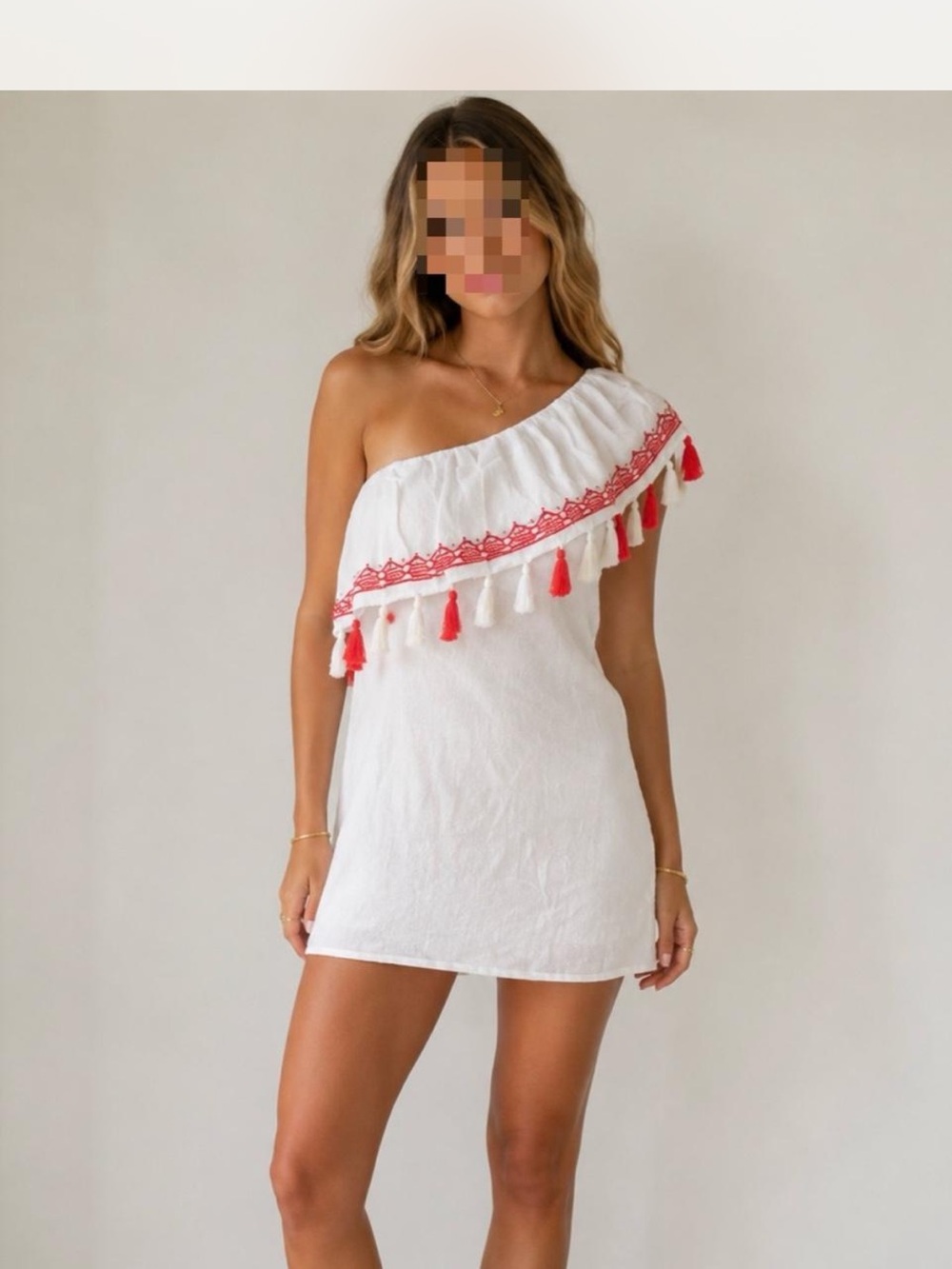 Lily Rose One-Shoulder White Mini Dress with Coral Tassel Trim